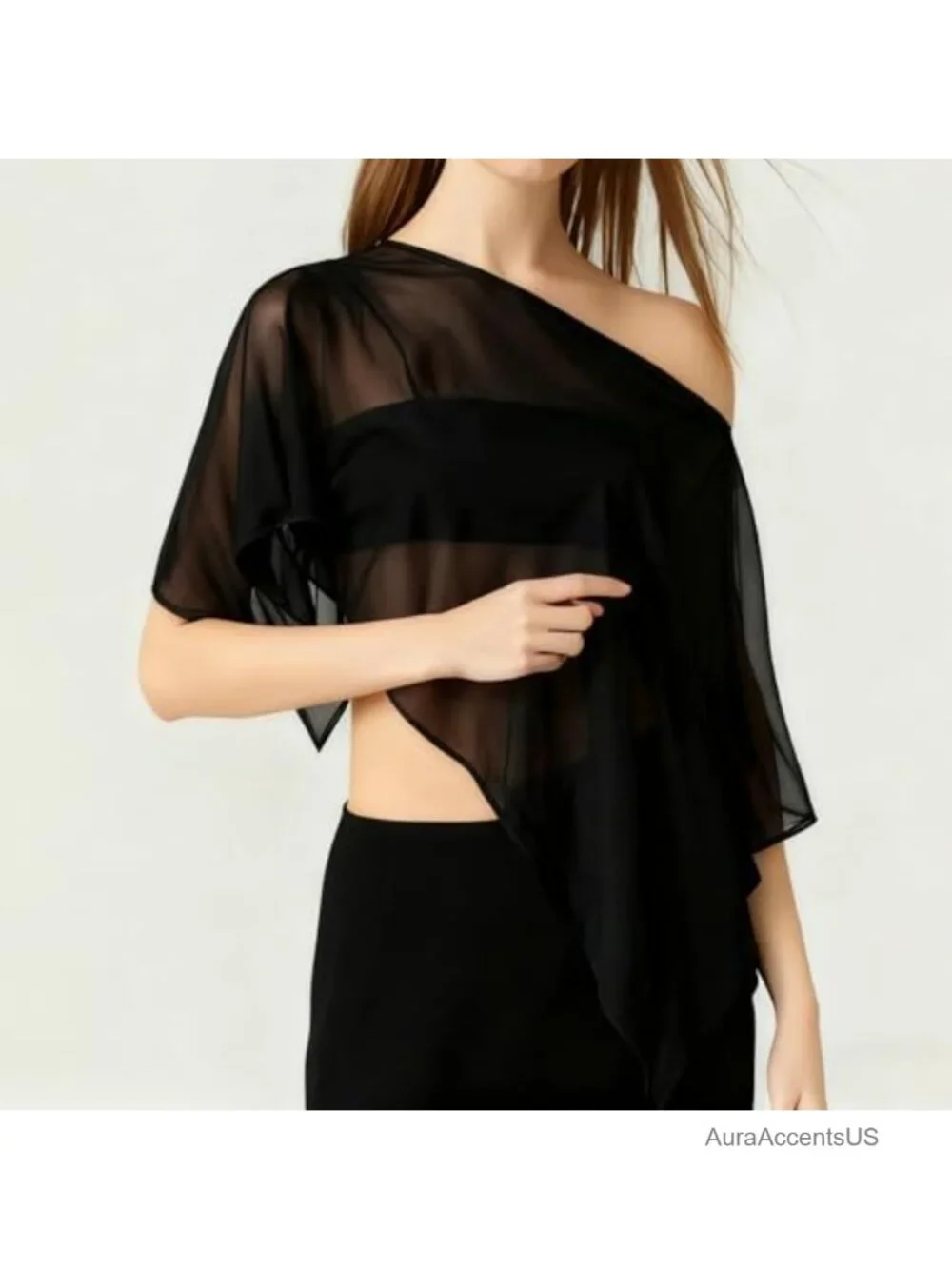 Sheer Mesh Poncho Women Lightweight Boat Neck Cape Coverup Asymmetrical Party